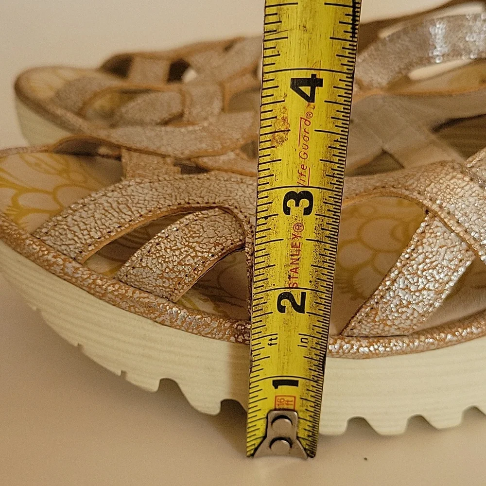 Fly London Yadi gold metallic wedge sandals sz EU42 sz 11 Womens